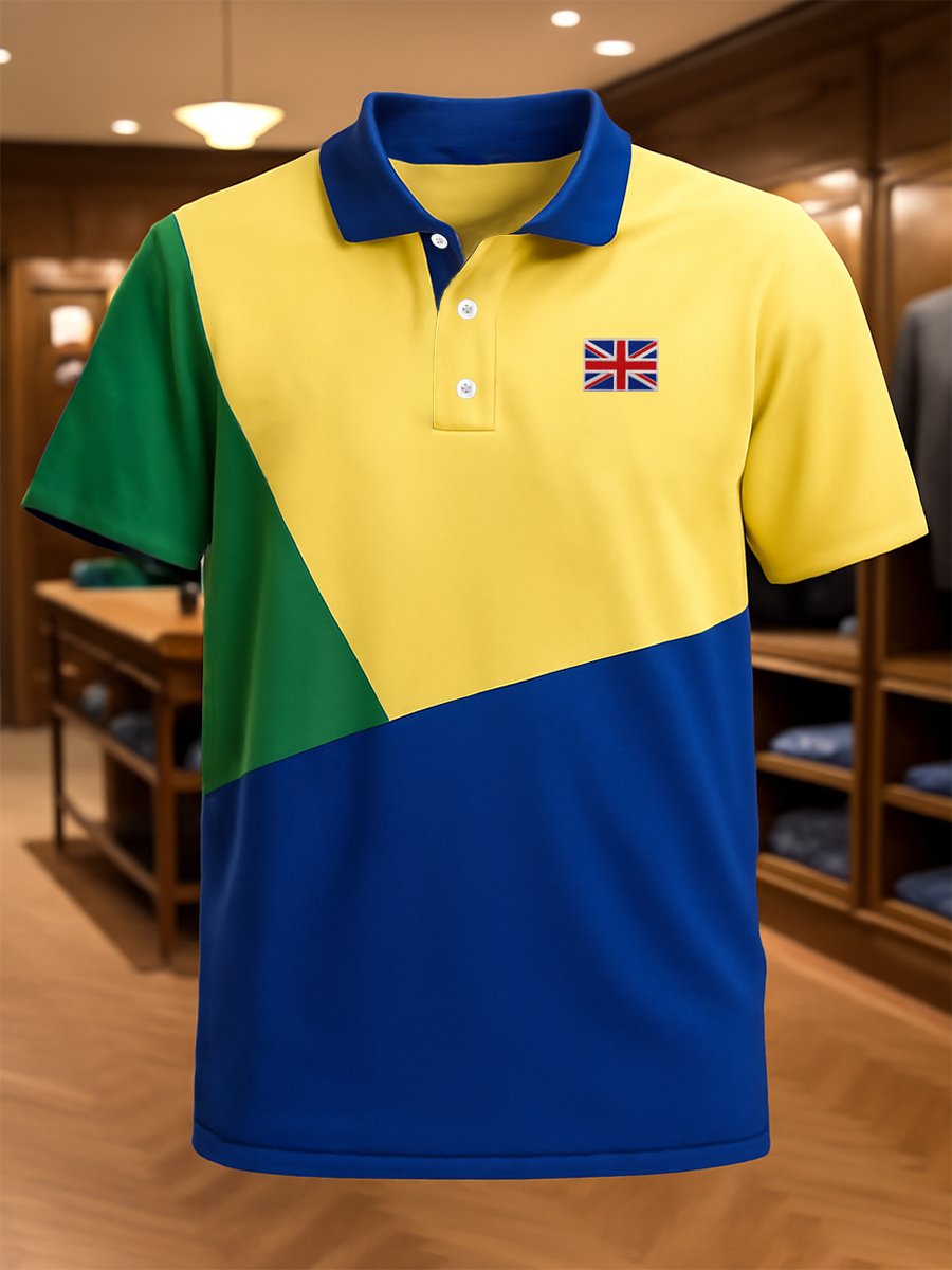 Men's Business Casual Union Jack Button Short Sleeve Polo Shirt