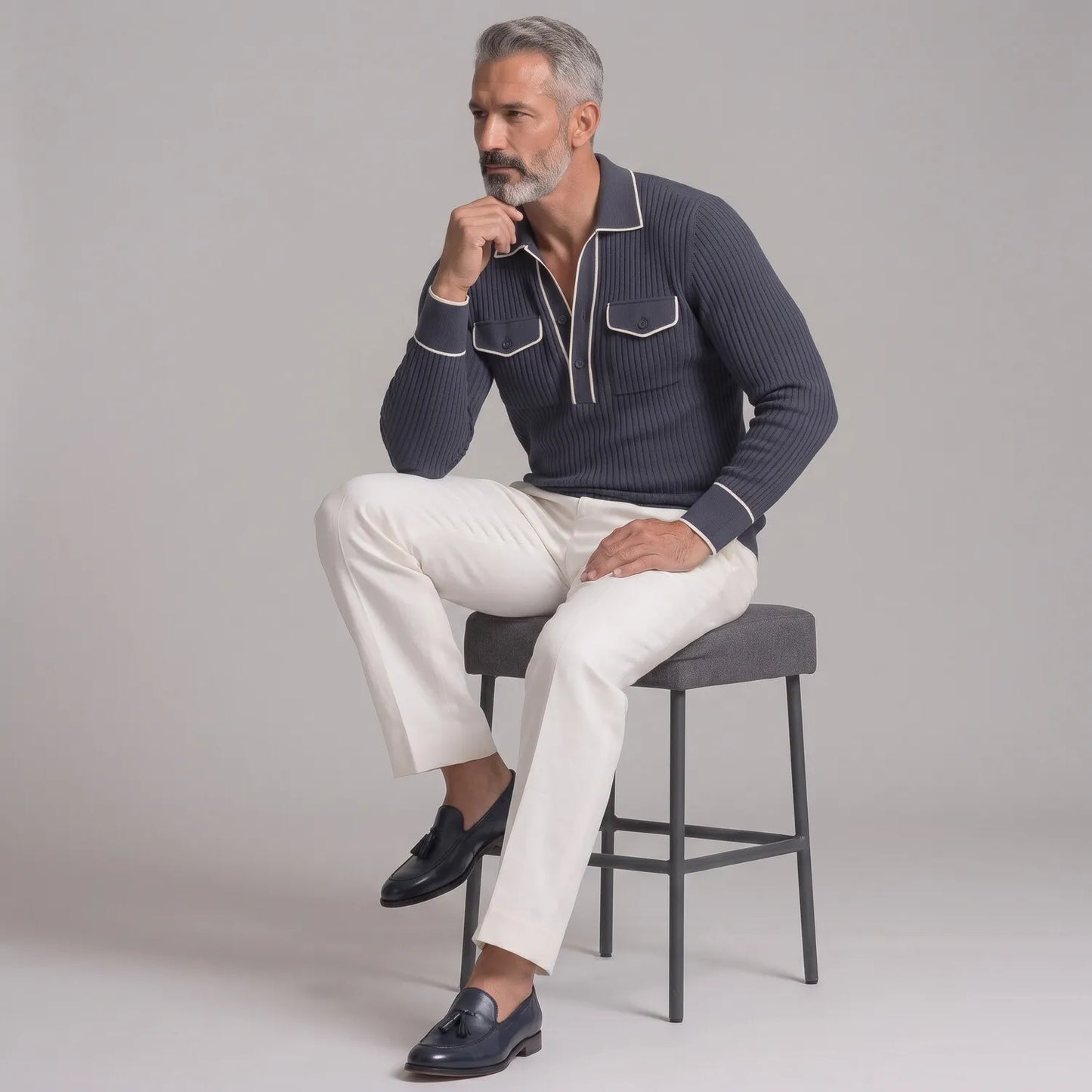 Men's Ribbed Knit Contrast Piping Chest Pockets Slim Fit Long Sleeve Polo Shirt
