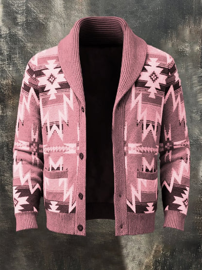 Men's Retro Contrast Pattern Knitted Cardigan Jacket