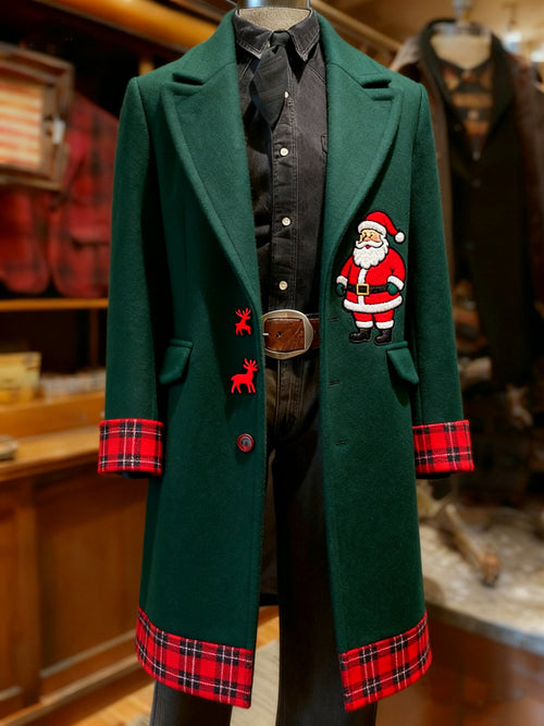 Men's Business Reindeer Christmas Snowman Tree Snowflakes Santa Long Wool Coat