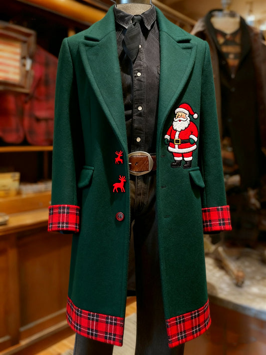 Men's Business Reindeer Christmas Snowman Tree Snowflakes Santa Long Wool Coat