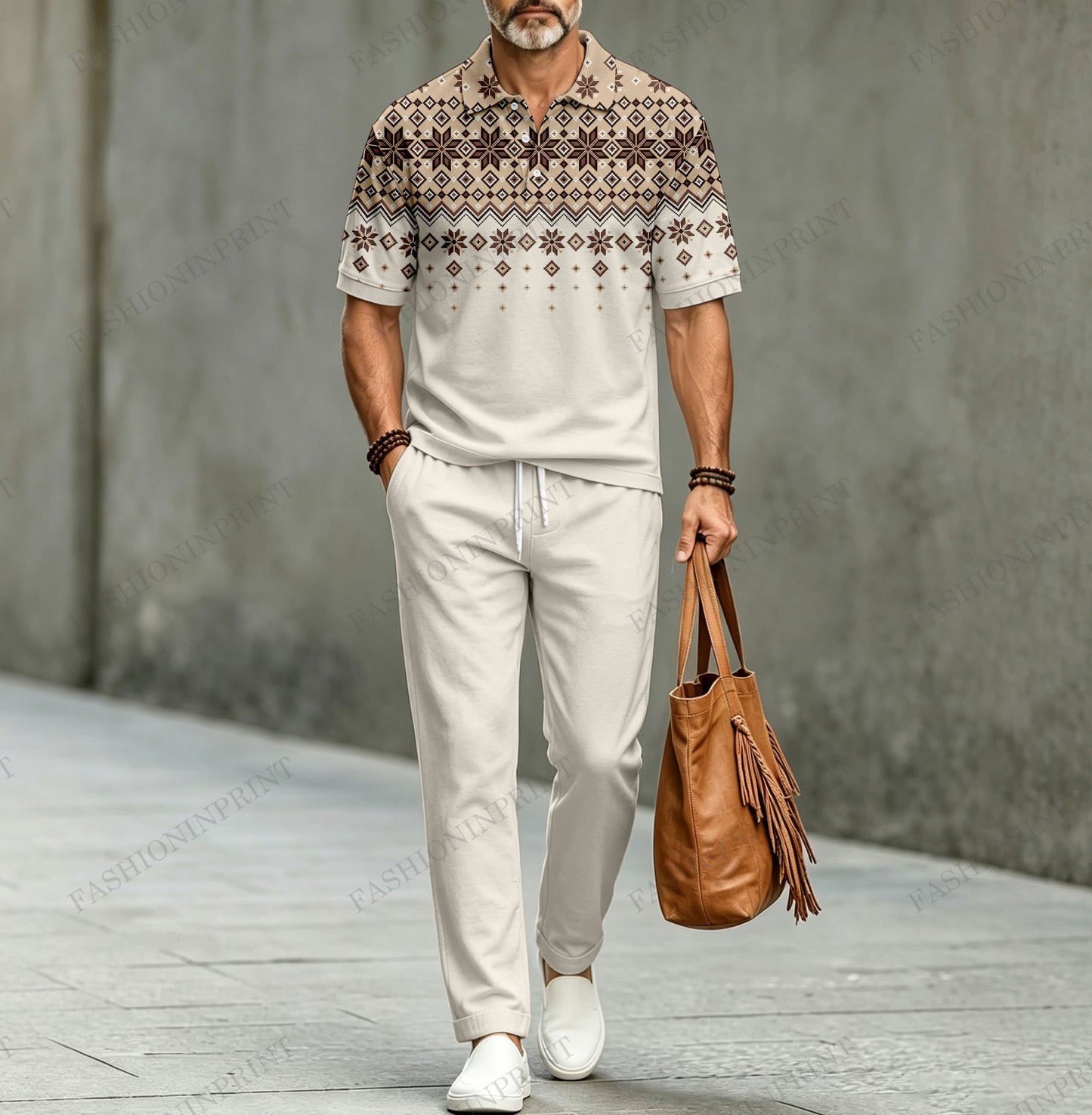 Men's Casual Two-Piece Set: Printed Short-Sleeve Polo Shirt with Solid-Color Gradient Bottom and Pants
