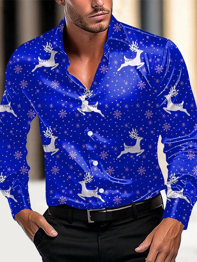 Men's Luxury Christmas Contrast Color Print Long Sleeve Shirt