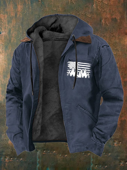 Men's Vintage Fleece Western Flag Elk Print Zip-Up Jacket