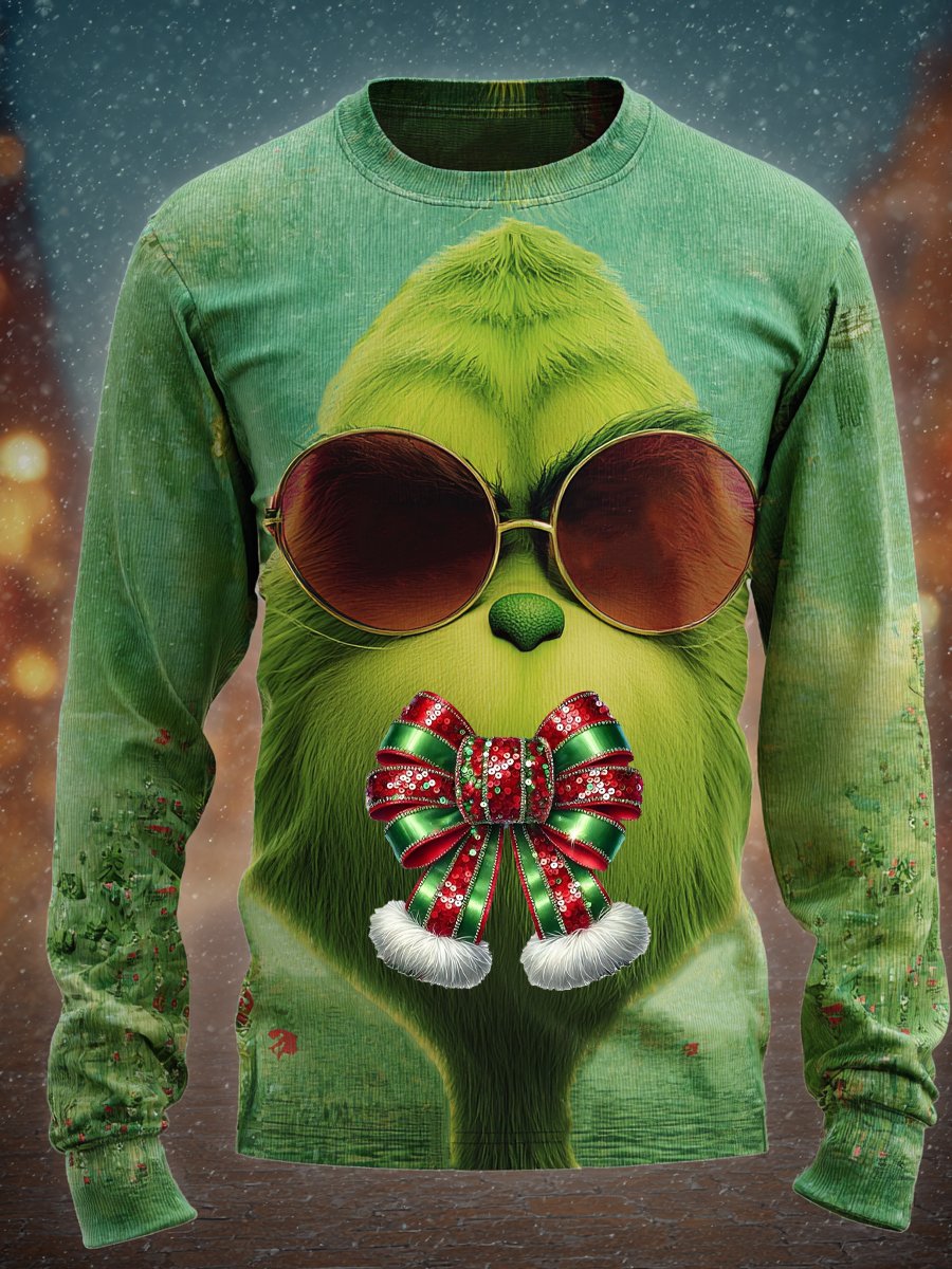 Men's Retro Christmas Green Fleece Long-Sleeve T-Shirt