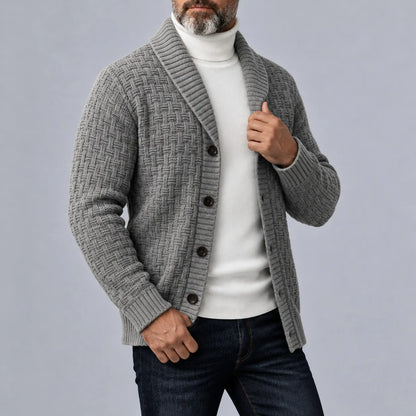 Men's Gray Geometric Textured Knit Shawl Lapel Single-Breasted Cardigan