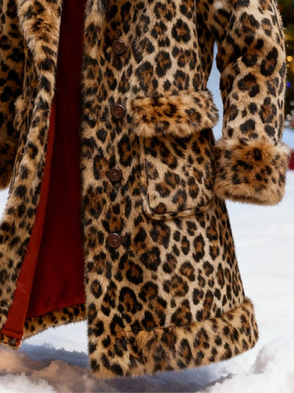 Men's Warm Plush Leopard Print Christmas Fur Collar Jacket