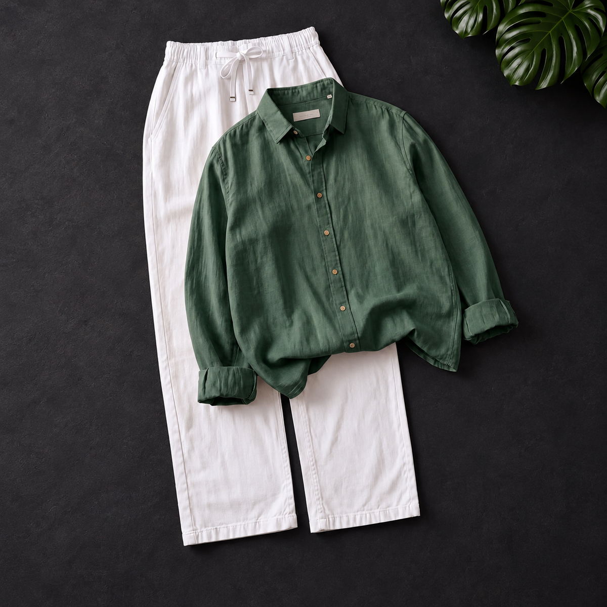 Men's Linen Shirt & Drawstring Pants Set - Forest Green