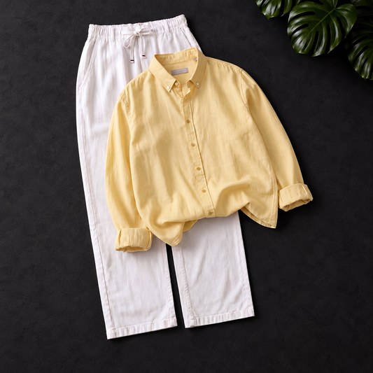 Men's Linen Shirt & Drawstring Pants Set - Pale Yellow