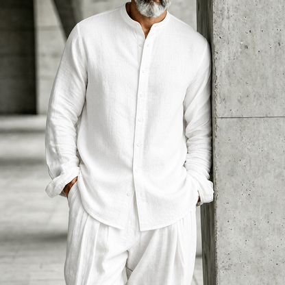 Men's Stand-Collar Half-Open Henley Shirt and Trousers Set