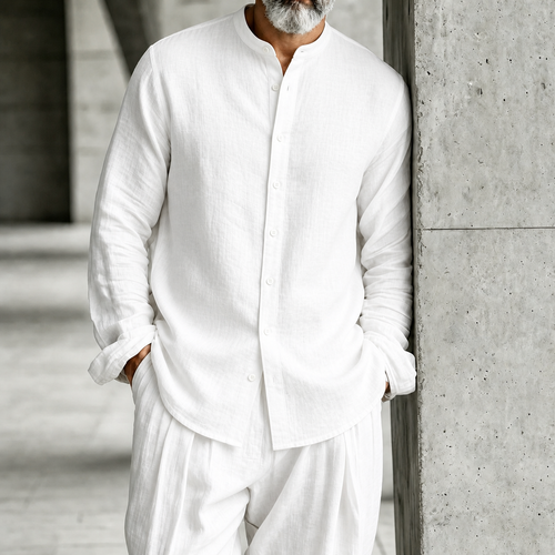 Men's Stand-Collar Half-Open Henley Shirt and Trousers Set