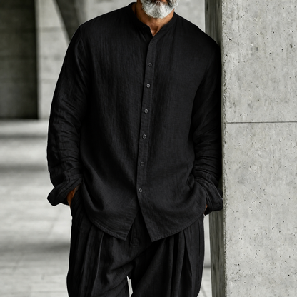 Men's Stand-Collar Half-Open Henley Shirt and Trousers Set