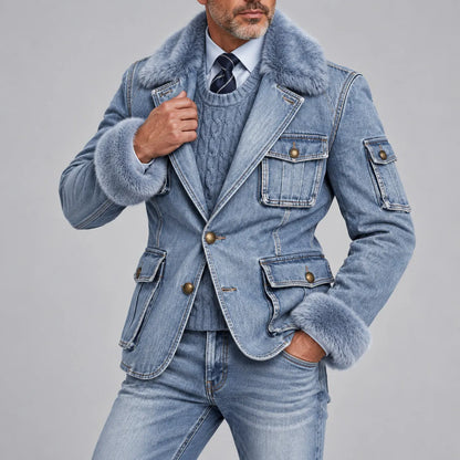 Men's Chic Light Blue Denim Contrast Fluffy Collar Gold Buttons Multi-Pockets Blazer