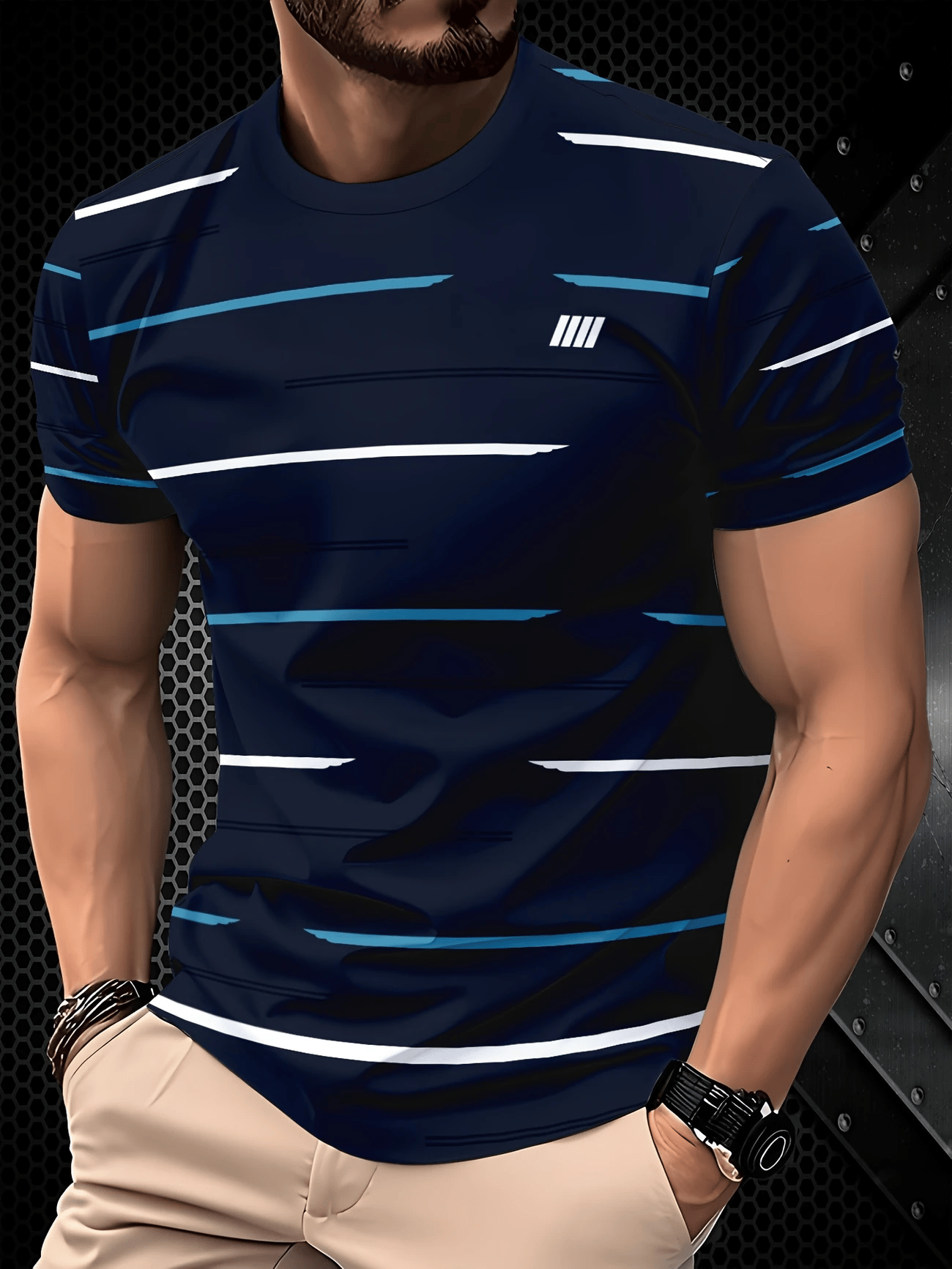 Men's Business Stripe Logo Print Short Sleeve T-Shirt