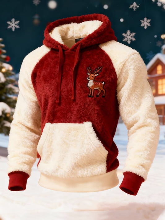 Men'S Plush Warm Color-Blocked Christmas Hooded Sweatshirt