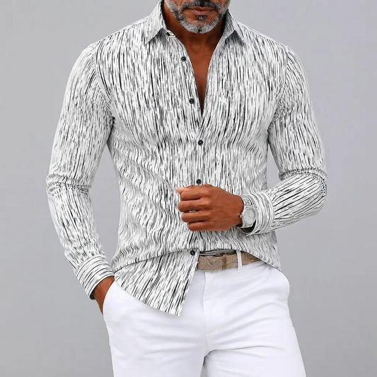 Men's Abstract Stripe Print Turndown Collar Slim Fit Long Sleeve Shirt