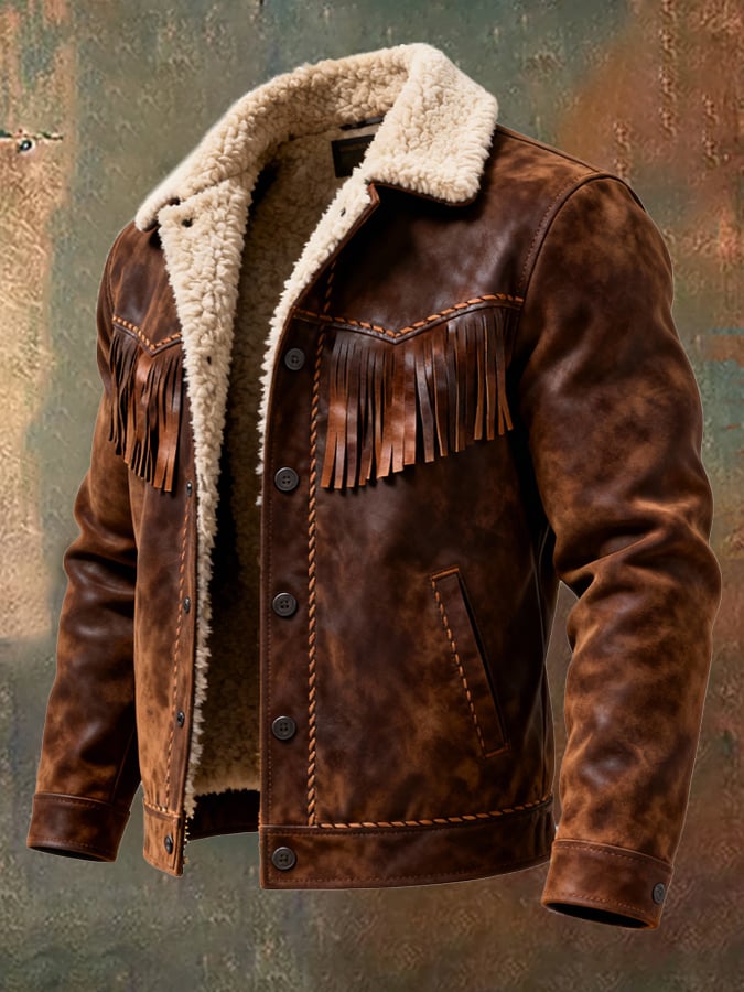 Men'S Vintage Distressed Stitching Tassel Design Fur Lapel Jacket