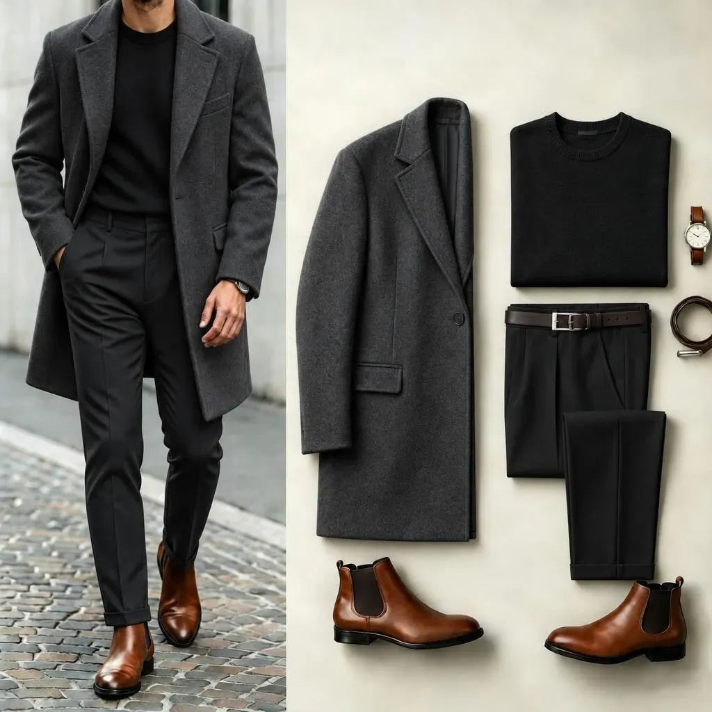 Men's Two-Tone Suit Set: Dark Gray Coat, Black Knit Sweater, and Black Dress Pants