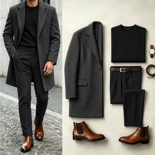 Men's Two-Tone Suit Set: Dark Gray Coat, Black Knit Sweater, and Black Dress Pants