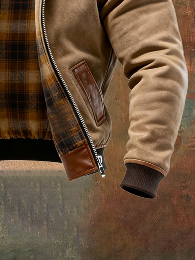 Men's Vintage Suede and Plaid Lining Multi-Pocket Outdoor Jacket