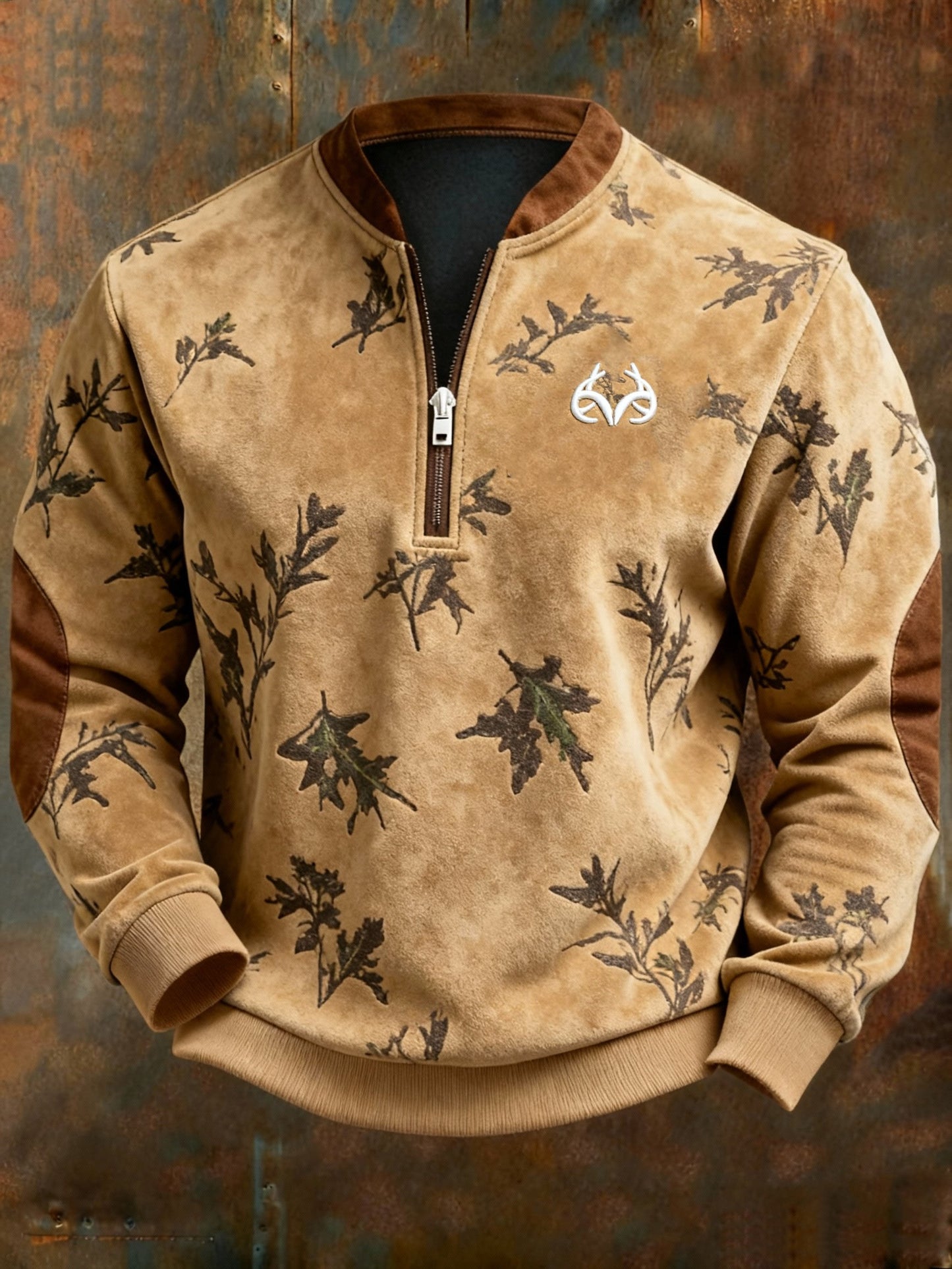 Vintage Suede Natural Leaf Print Zipper Sweatshirt