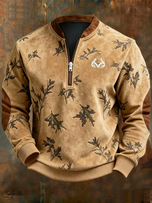 Vintage Suede Natural Leaf Print Zipper Sweatshirt