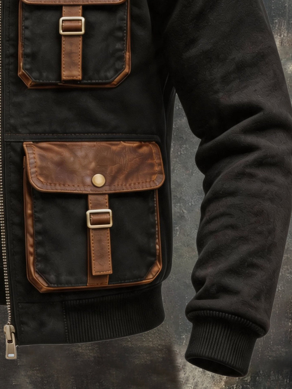 Men's Vintage Leather-Panel Multi-Pocket Outdoor Jacket