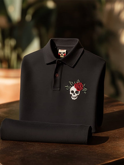 Men's Classic Business Skull Rose Logo Short Sleeve Polo Shirt