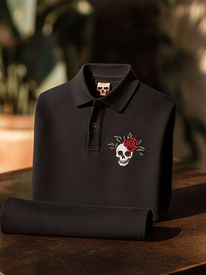 Men's Classic Business Skull Rose Logo Short Sleeve Polo Shirt