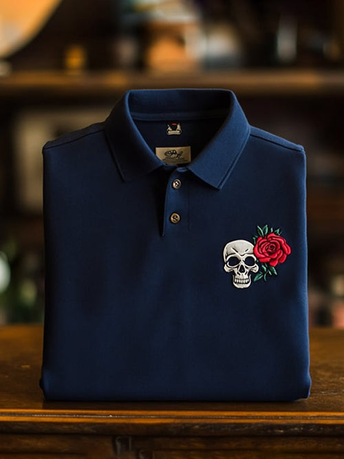 Men's Classic Business Skull Rose Logo Short Sleeve Polo Shirt