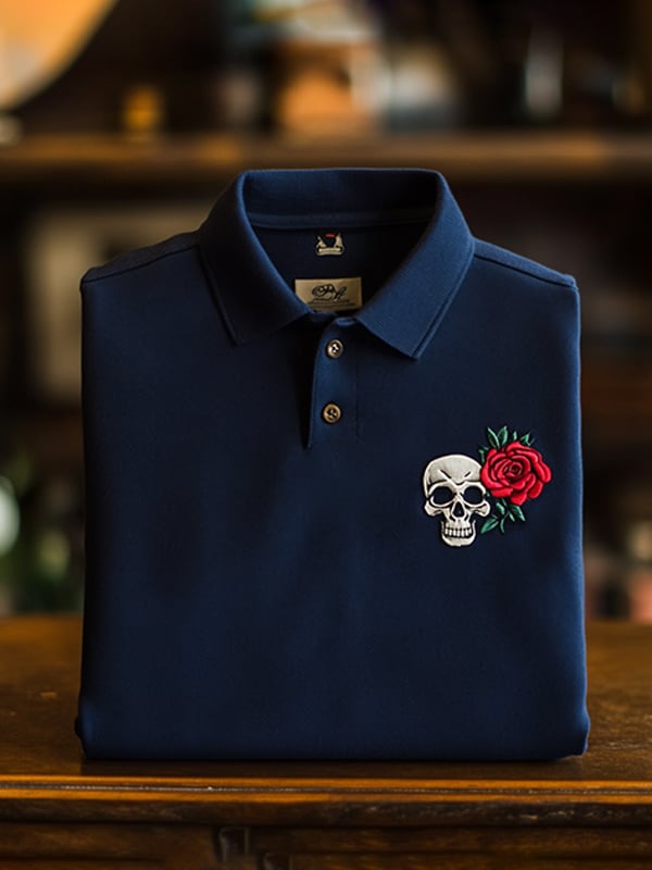 Men's Classic Business Skull Rose Logo Short Sleeve Polo Shirt