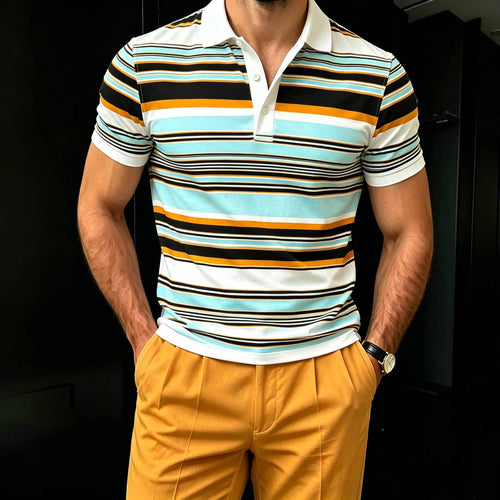 Men's Casual Lake Blue Striped Printed Color Matching Short Sleeves Polo Shirt