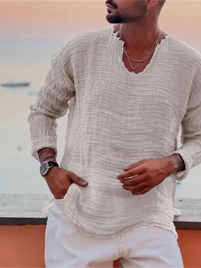 Men's Linen Shirt Summer Shirt Beach Wear Casual Shirt Plain Vacation Curise White Blue Brown Khaki Long-Sleeve V Neck Spring & Summer Clothing Apparel
