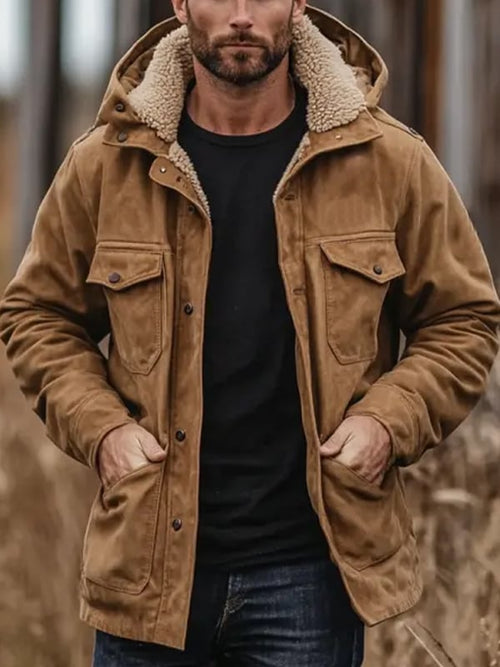 Men's Vintage Style Plush Multi-Pocket Mid-Length Jacket