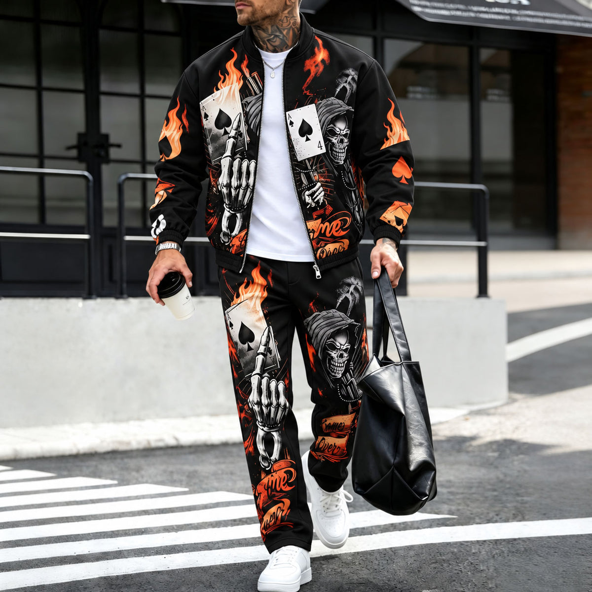 Men's Two-Piece Set: Fleece-Lined Jacket and Pants with Flame Print