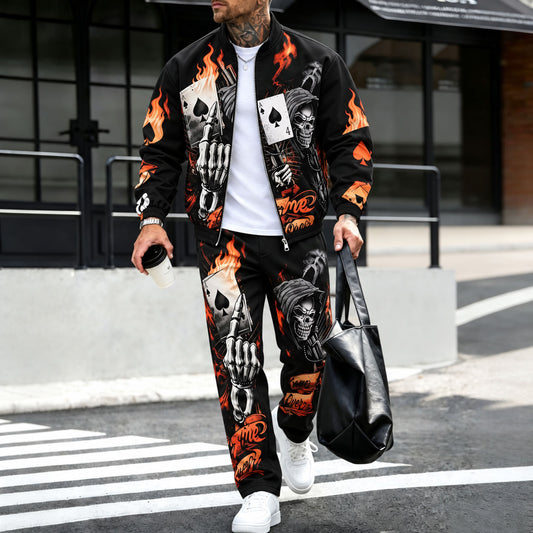 Men's Two-Piece Set: Fleece-Lined Jacket and Pants with Flame Print