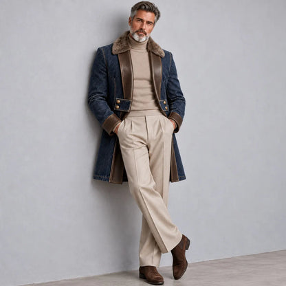Men's Vintage Navy Blue Denim PU Leather Trim Fuzzy Collar Gold Button Trench Coat