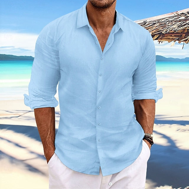 Men's Linen Shirt Summer Shirt Beach Wear Casual Shirt Button Up Shirt Plain Casual Daily Light Yellow White Pink Dark Navy Long-Sleeve Spring & Summer Clothing Apparel