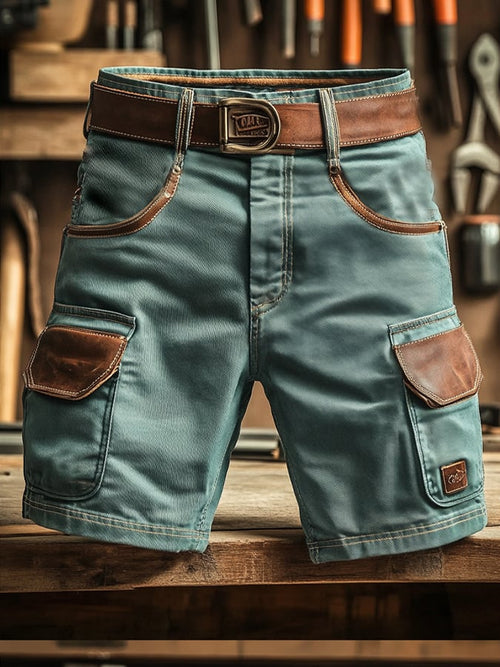 Men's Vintage Outdoor Pocket Functional Leather Stitching Cargo Shorts (without belt)