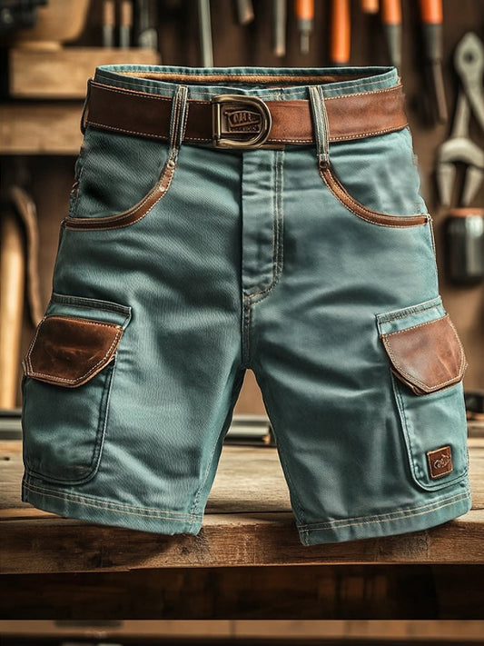 Men's Vintage Outdoor Pocket Functional Leather Stitching Cargo Shorts (without belt)