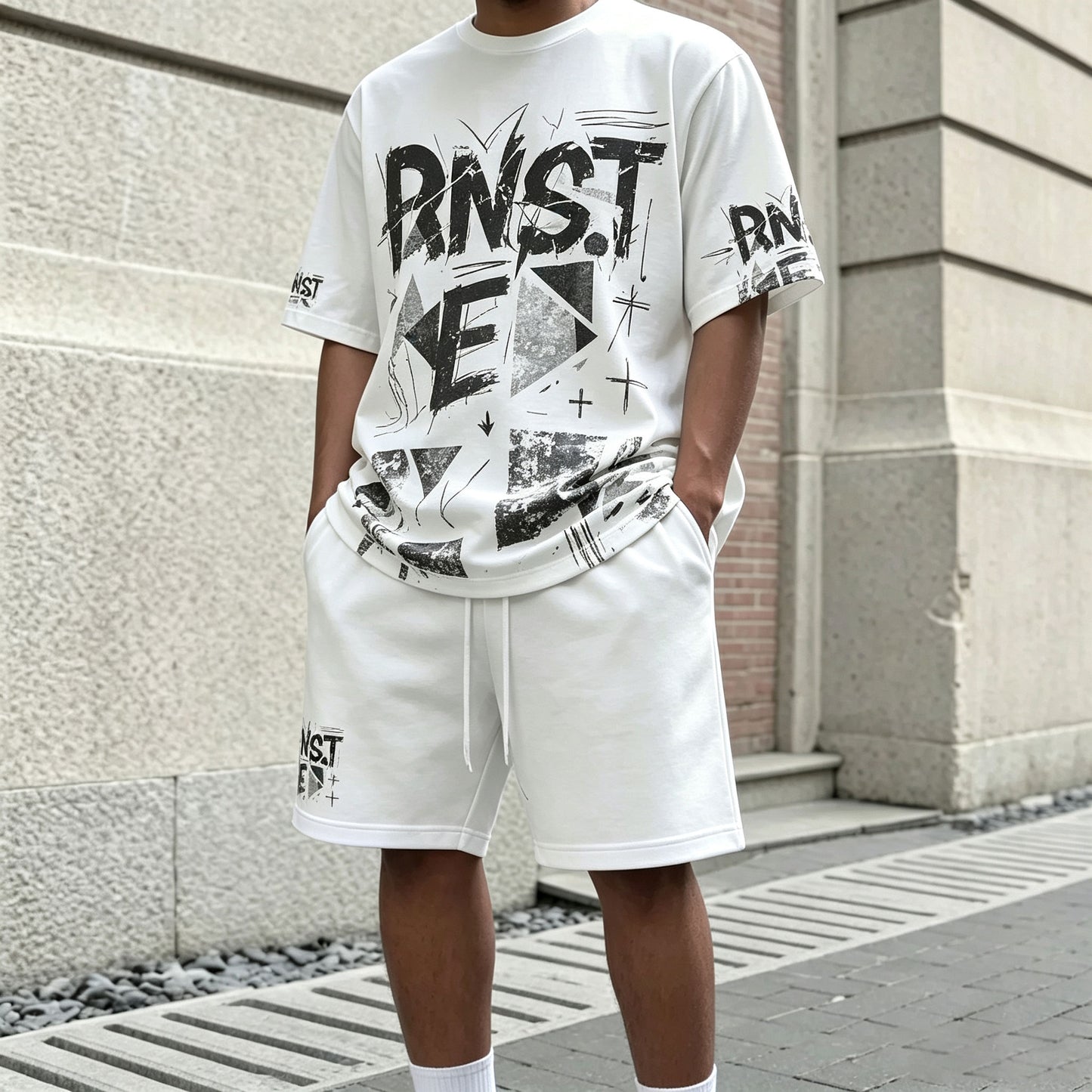 Men's Casual Letter-Printed Round-Neck Short-Sleeve T-Shirt and Shorts Two-Piece Set