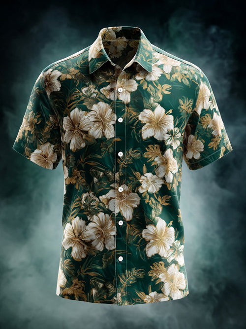 Men's Business Casual Floral Print Lapel Short Sleeve Shirt