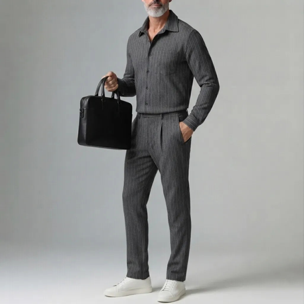 Men's Dark Gray Pinstripe Print Chest Pocket Button-Up Shirt & Suit Pants 2Pcs Set