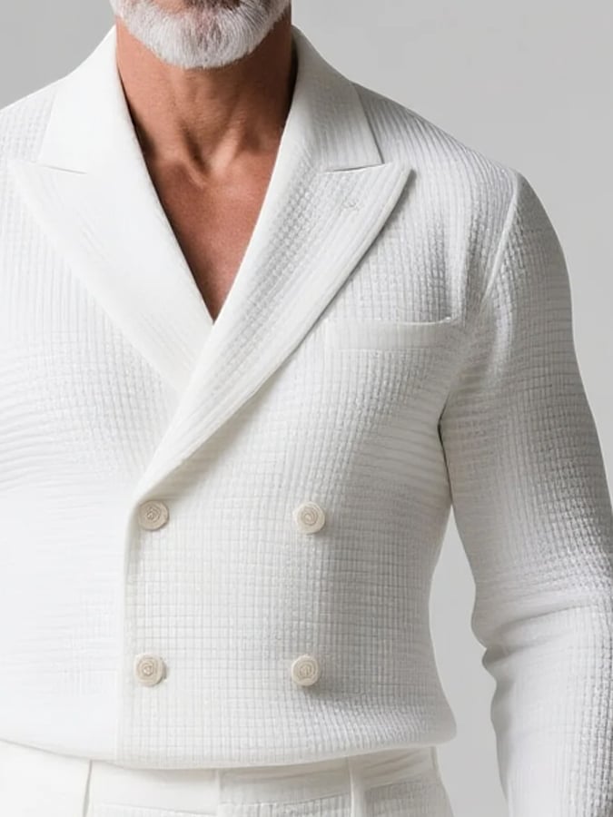 Men's Business Waffle Pattern Peak Lapel Double Breasted Long Sleeve Shirt