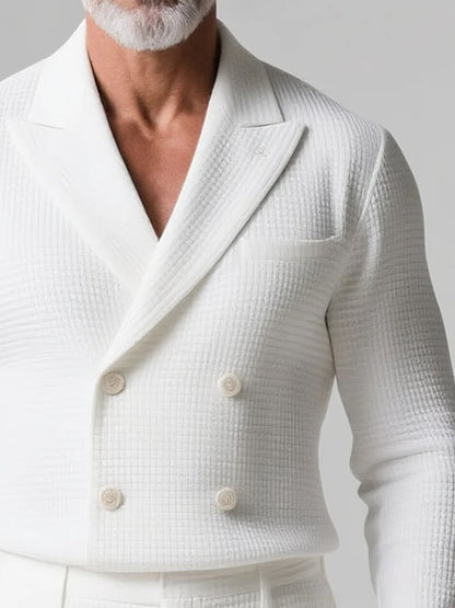 Men's Business Waffle Pattern Peak Lapel Double Breasted Long Sleeve Shirt