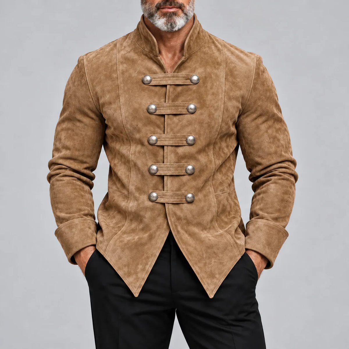 Men's Burgundy Suede Stand Collar Metal Button Slim Fit Vintage Hussar Jacket