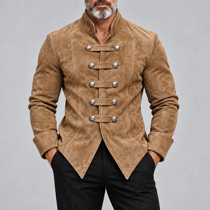Men's Burgundy Suede Stand Collar Metal Button Slim Fit Vintage Hussar Jacket