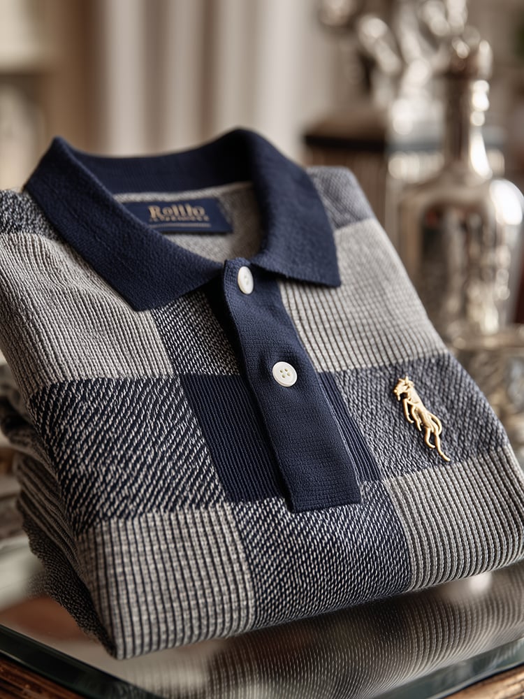Men's Check Business Casual Short Sleeve Ribbed Knitting Polo Shirt