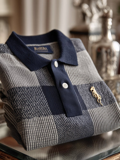 Men's Check Business Casual Short Sleeve Ribbed Knitting Polo Shirt