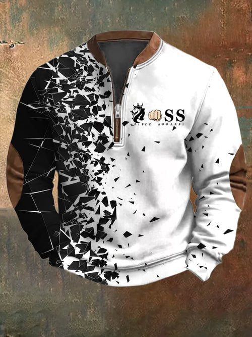Men's Retro Letter Design Printed Casual Zipper Collar Long-Sleeved Sweatshirt
